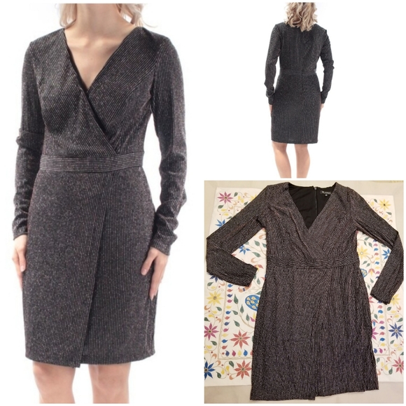 Guess Sparkle Wrap Dress Glittery Stretchy Lined LongSleeve V-Neck Mini LBD EUC - Picture 2 of 14